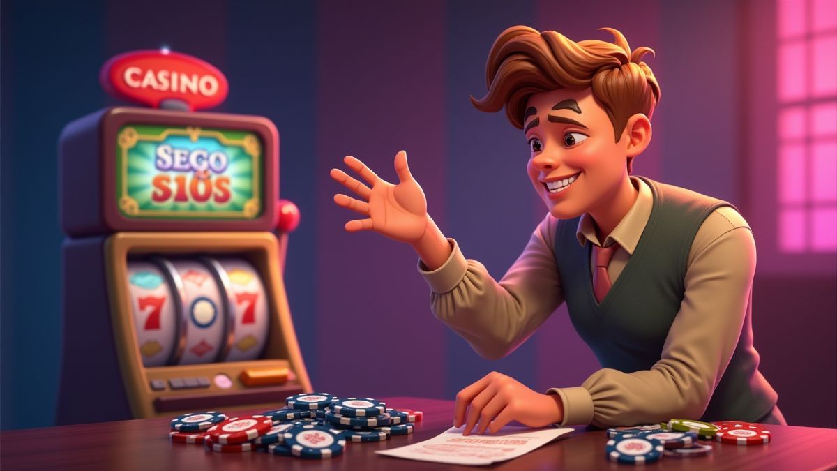 Jugador animado planificando con fichas de casino y una máquina tragamonedas.