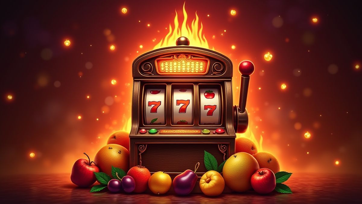 Retro fruitautomaat met vruchten en bellen op een vurige achtergrond.