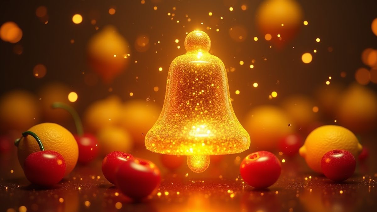 Gouden bel omringd door glanzende vruchten in een casinouitstraling.
