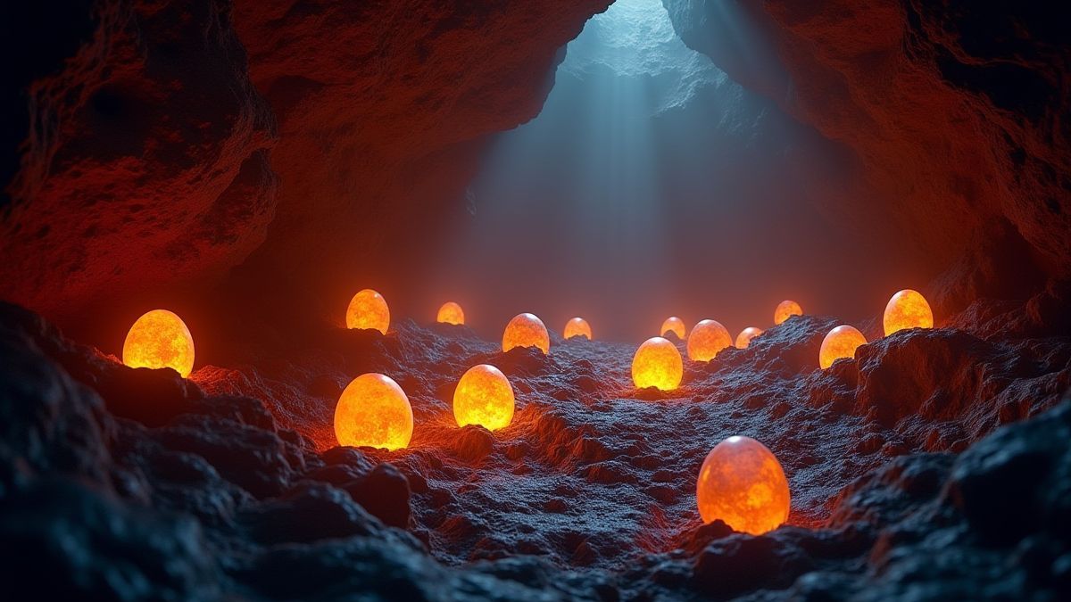 Eine Vulkanhöhle mit leuchtenden Eiern, umgeben von mystischem Licht.
