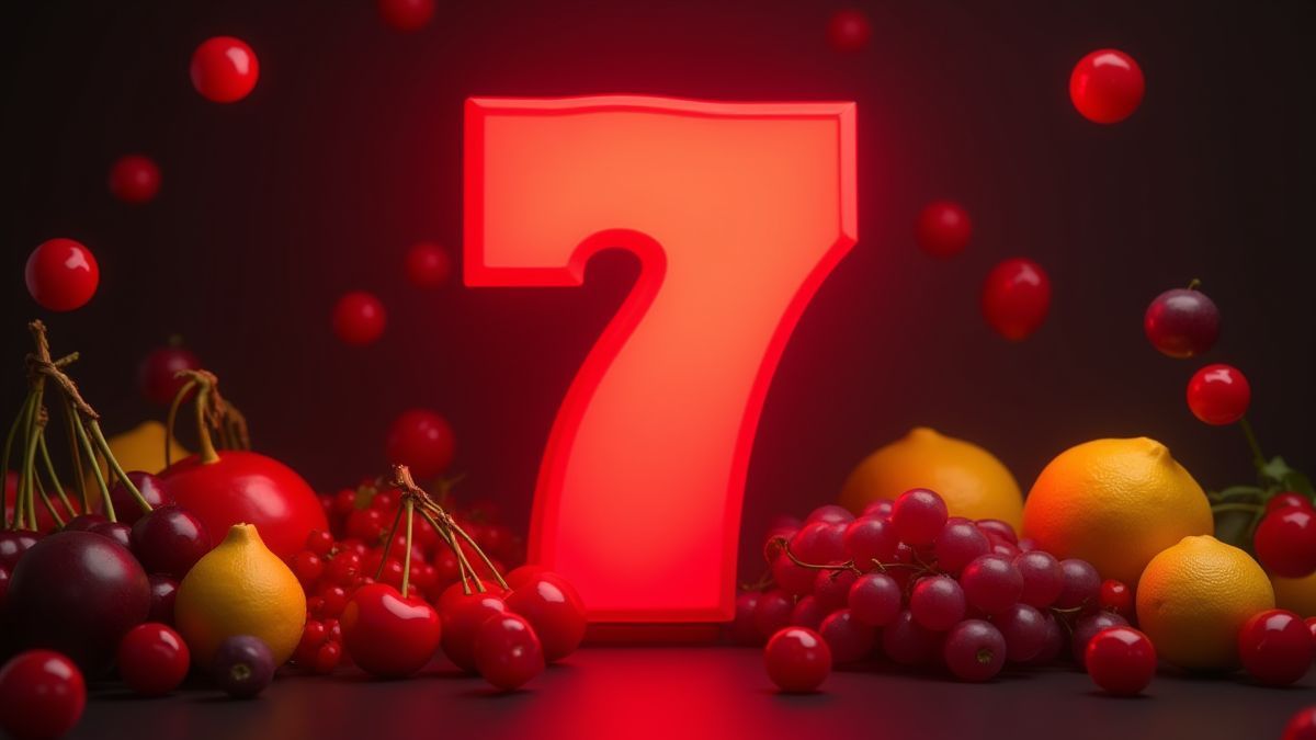 The number seven surrounded by vibrant fruits.
