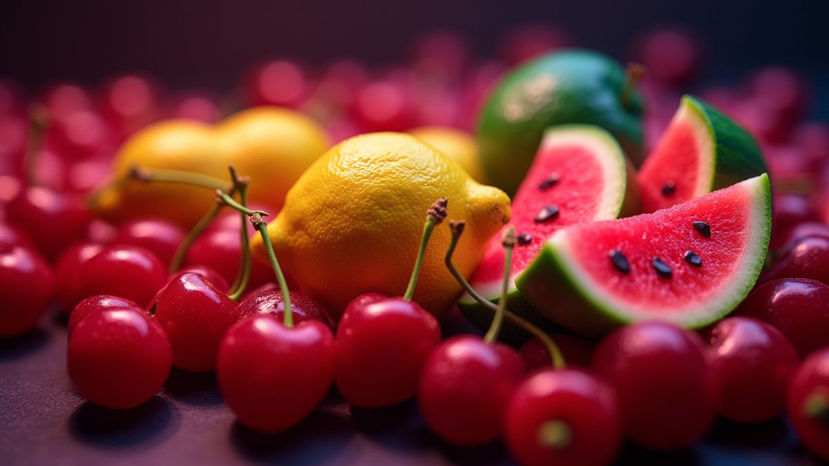 Fruits brillants sous lumières de casino.