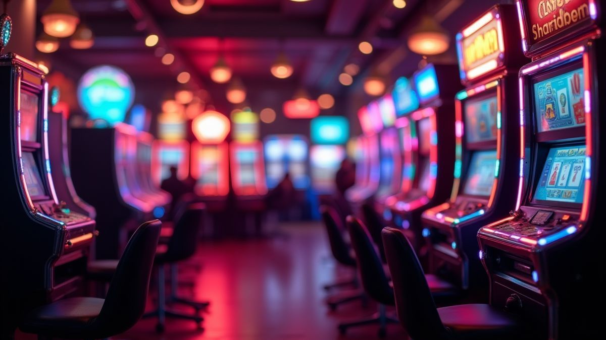 Casino rétro avec lumières de néon et machines à sous classiques.