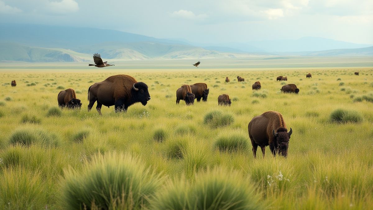 Una pradera norteamericana llena de animales salvajes, como bisontes y águilas.