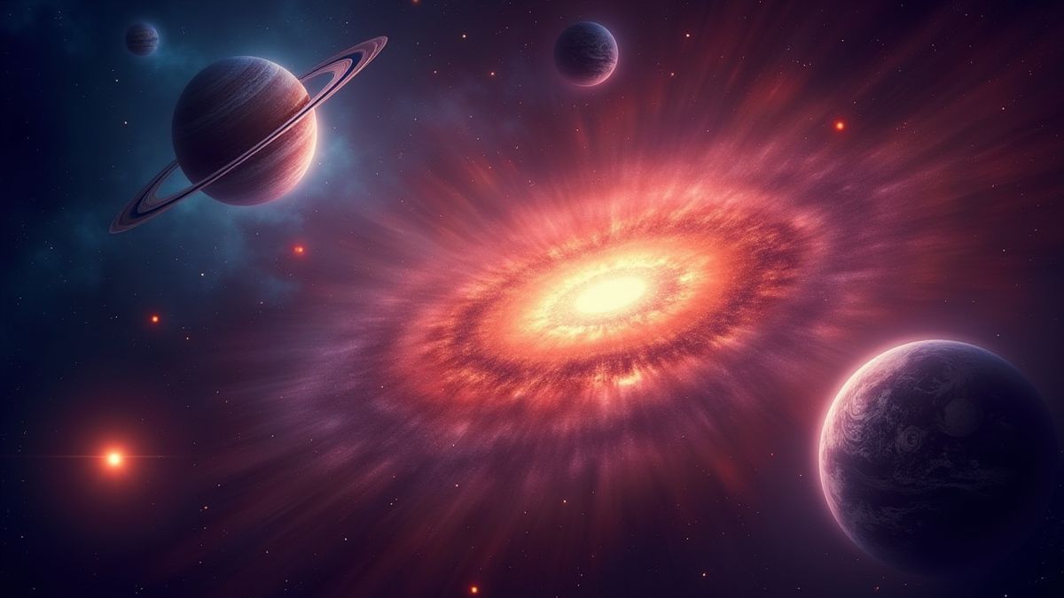 Nebulosa brillante con colores vivos y formas planetarias.