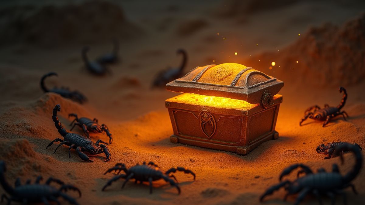 Leuchtende Schatztruhe umgeben von Sand und Skorpionen.