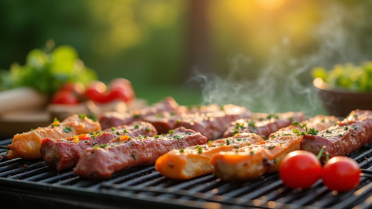 Una barbacoa al aire libre con carnes y vegetales.