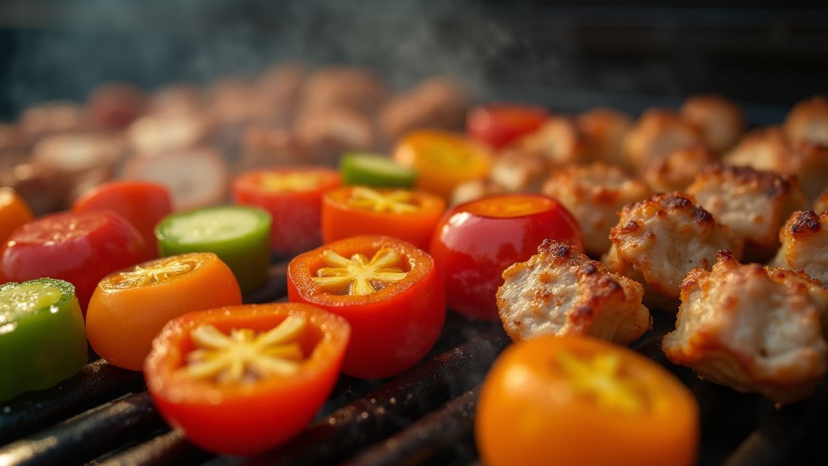 Un primer plano de una parrilla con vegetales y carnes chisporroteando.
