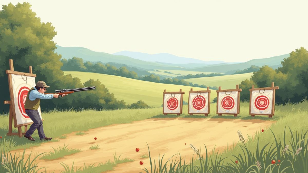 Campo de tiro com objetivos e um atirador em ação.