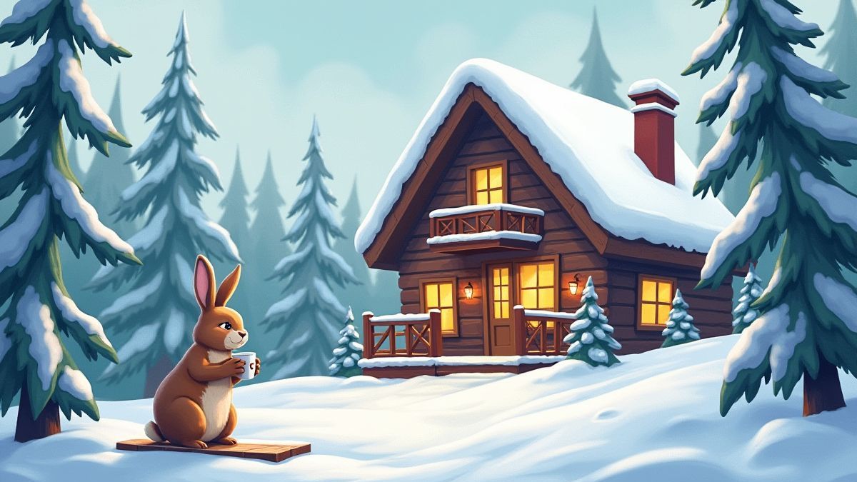 Een skihut omringd door besneeuwde dennenbomen met een konijn dat warme chocolade drinkt.