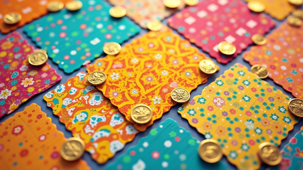Imagem de cartões de raspa e ganha com designs coloridos e moedas douradas.