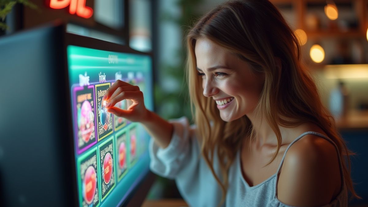 Pessoa sorrindo enquanto raspa um cartão virtual em uma tela.