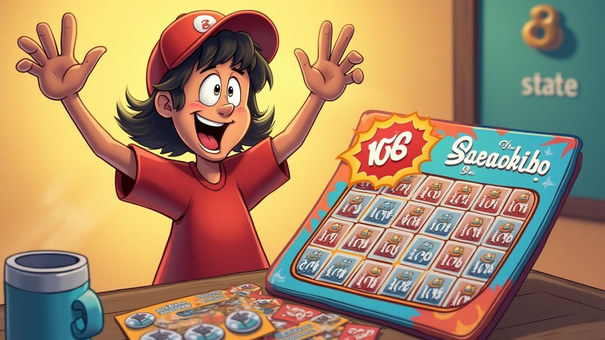 Personagem animado celebrando ao ganhar em um cartão de raspa e ganha.