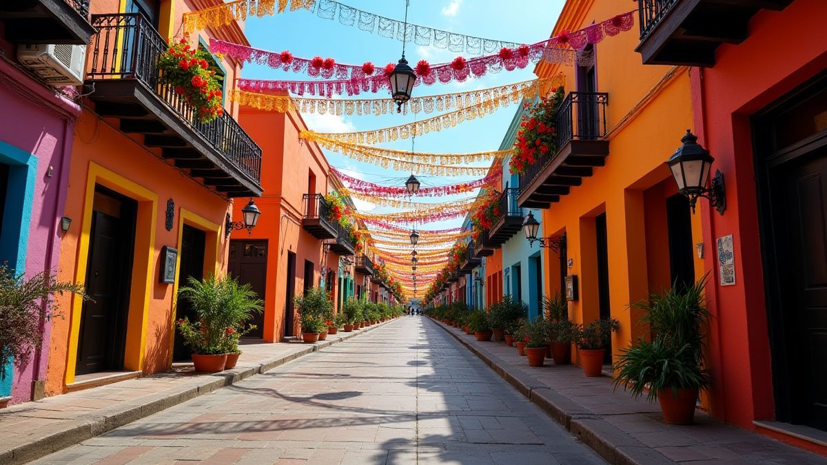 A Mexican street decorated for the Day of the Dead.