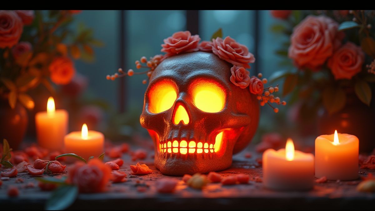A glowing skull surrounded by flowers and candles.
