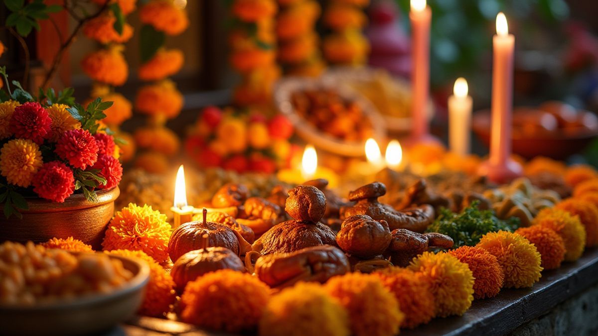 A festive altar filled with marigolds, candles, and traditional food.
