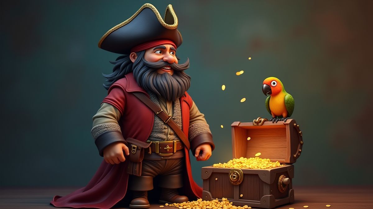Capitán pirata con un loro y un cofre del tesoro.