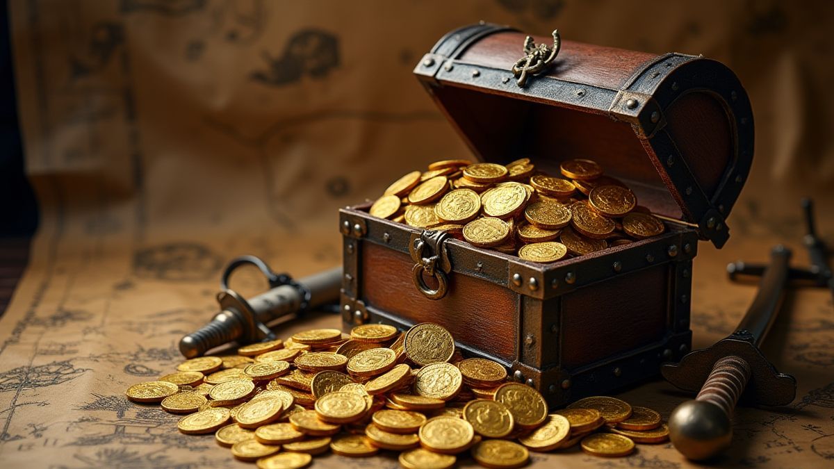Monedas de oro y mapas piratas junto a espadas.