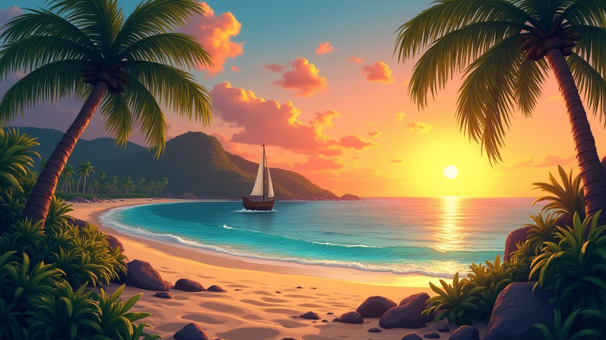 Een tropisch eiland met palmbomen, schatkisten en een zonsondergang boven de oceaan.