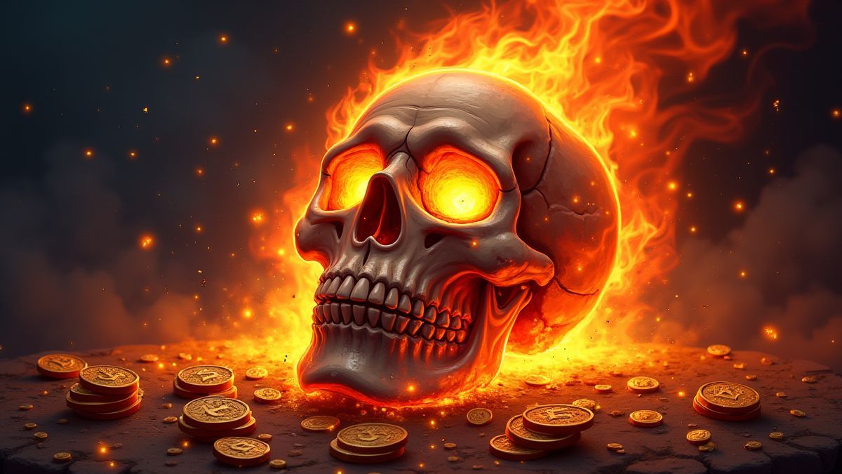 Een brandende schedel omringd door vonken en munten in een piratenthema.