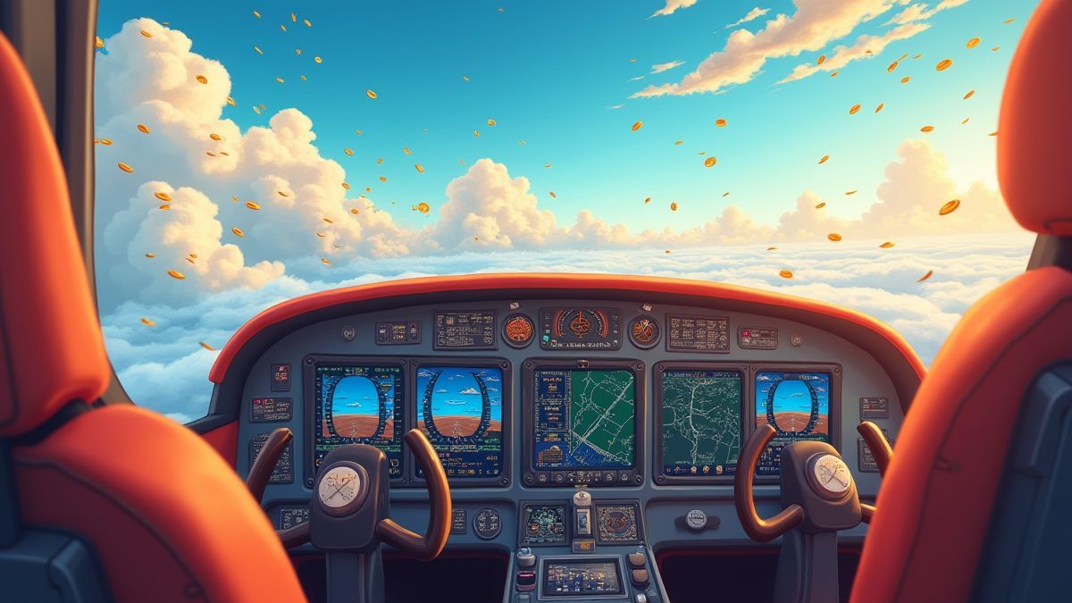 Cabina de avião com controles de piloto e céu cheio de moedas douradas.