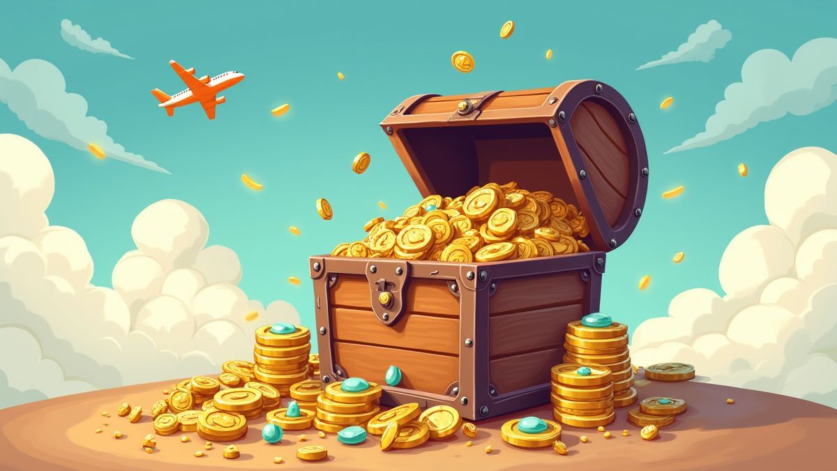 Cofre do tesouro cheio de moedas de ouro e gemas diante de um céu com aviões.