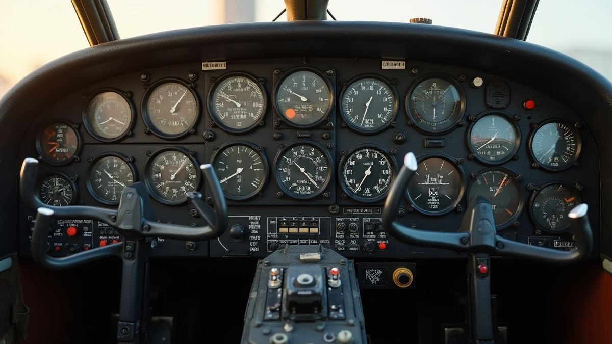 Cabina de avión vintage con diales y medidores detallados.
