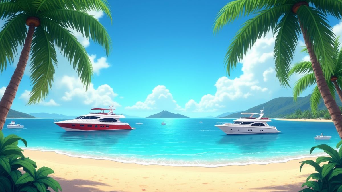 Plage tropicale avec des yachts de luxe et des palmiers.