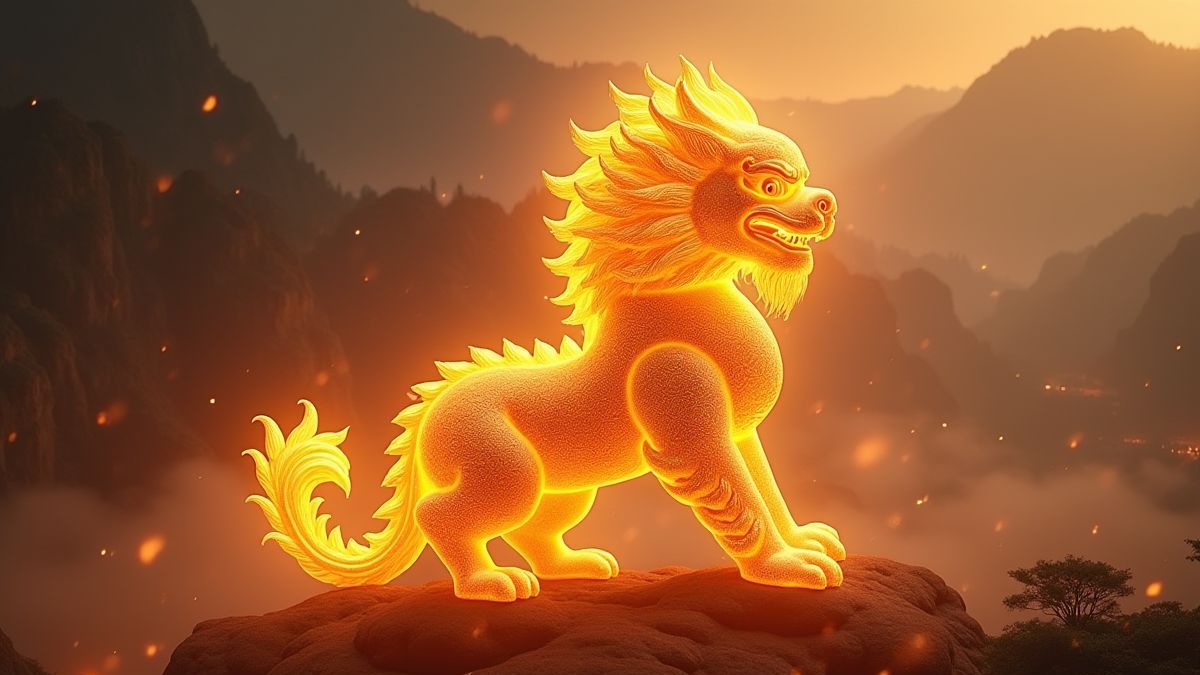 León dorado brillante con fondo chino místico.