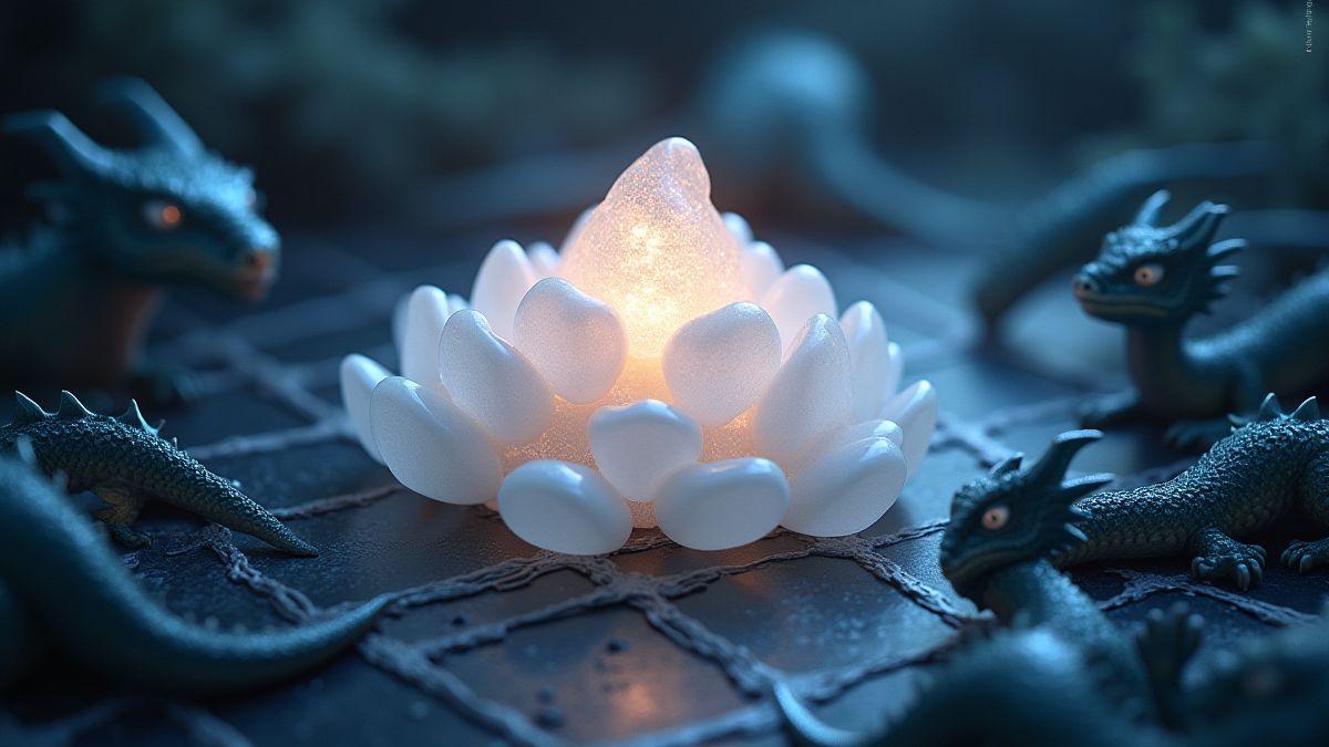 Grupo de perlas brillantes en un tablero con dragones místicos.