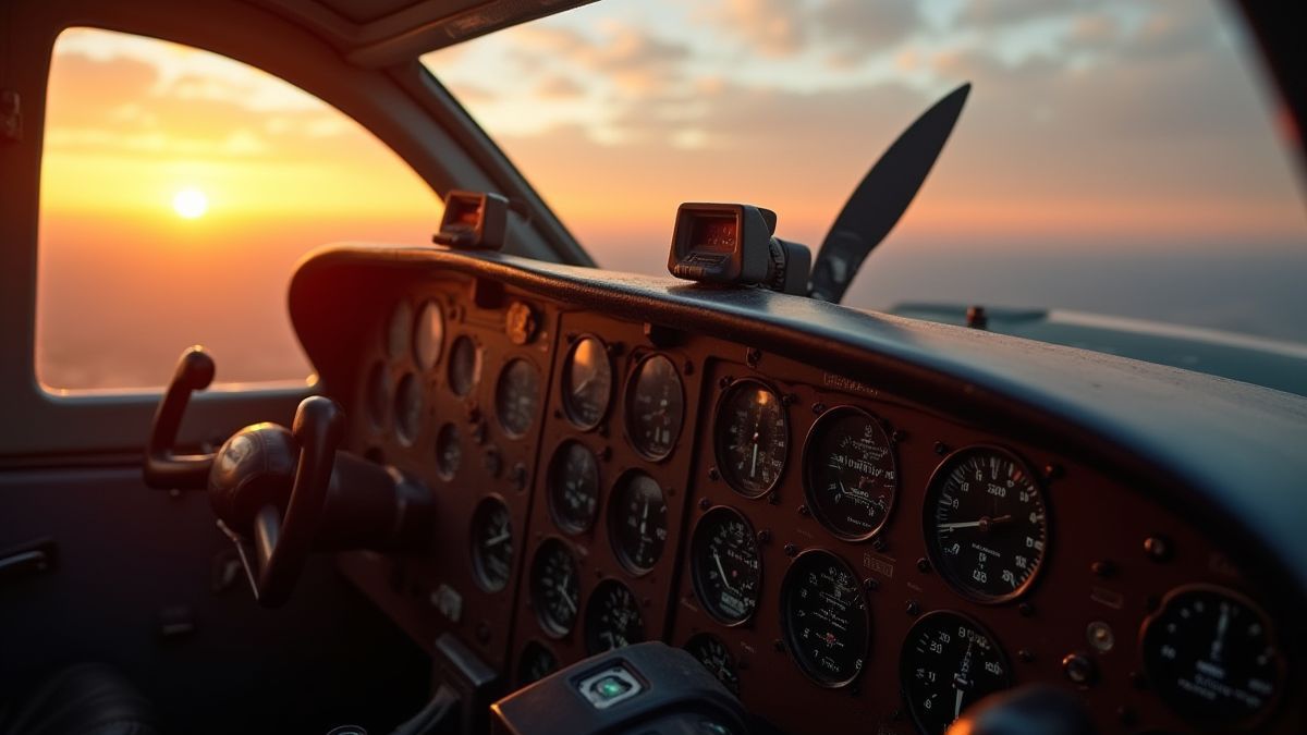 Cockpit of a vintage airplane with controls and a sunset sky.