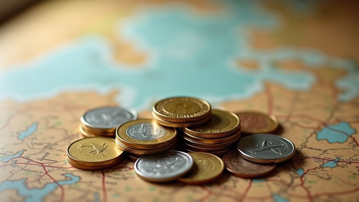 Coins scattered on a wooden table with an aviation map in the background.