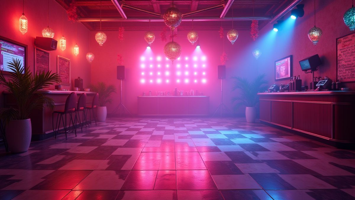 Pista de baile retro con luces vibrantes y decoración funky.