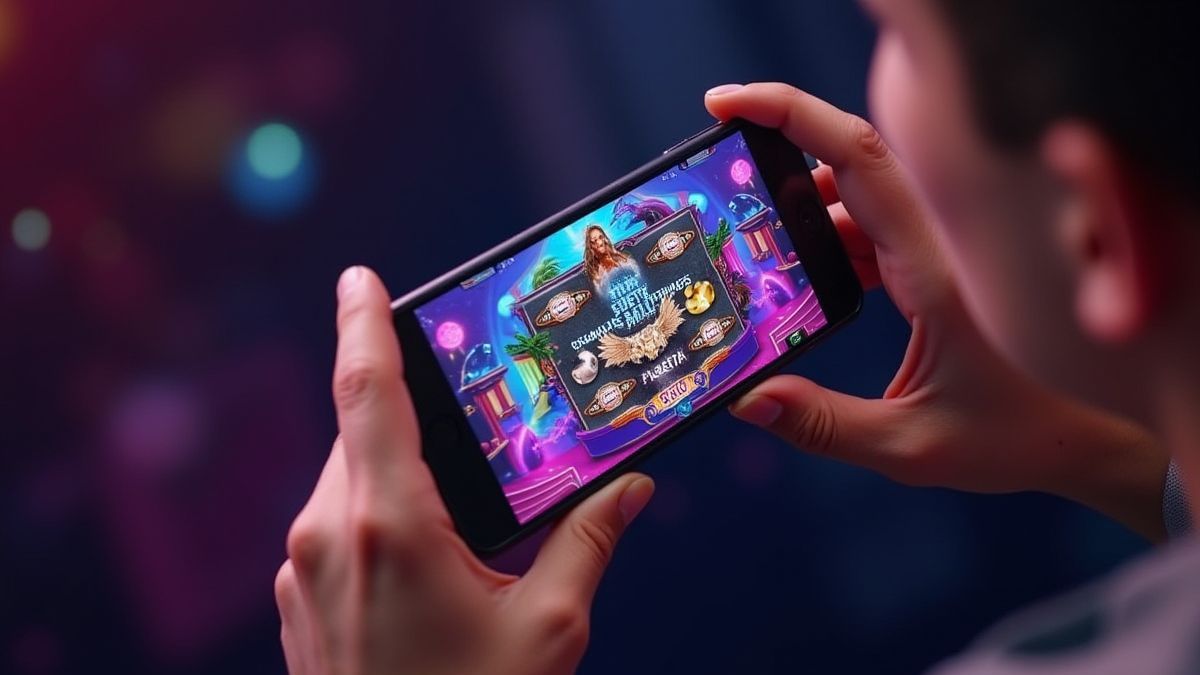 Persona jugando a una tragaperras temática disco en un móvil.