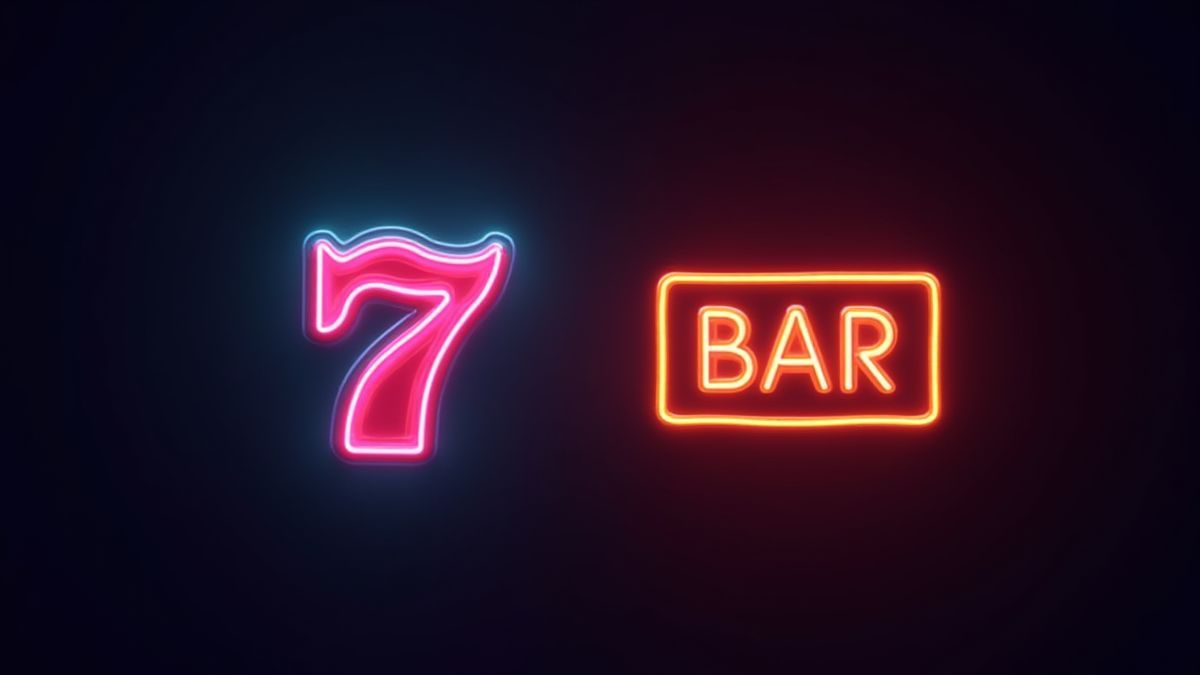 Símbolos de tragamonedas de neón como '7' y 'BAR' en un fondo oscuro.