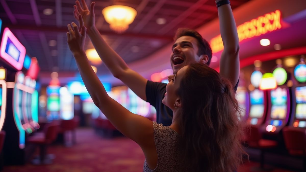 Jugador celebrando una gran victoria en un entorno de casino.