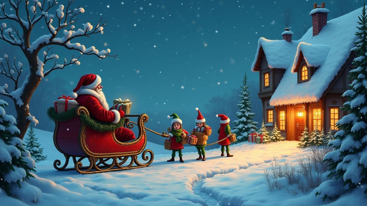 Papai Noel e seus elfos em uma cena natalina cheia de neve e presentes.