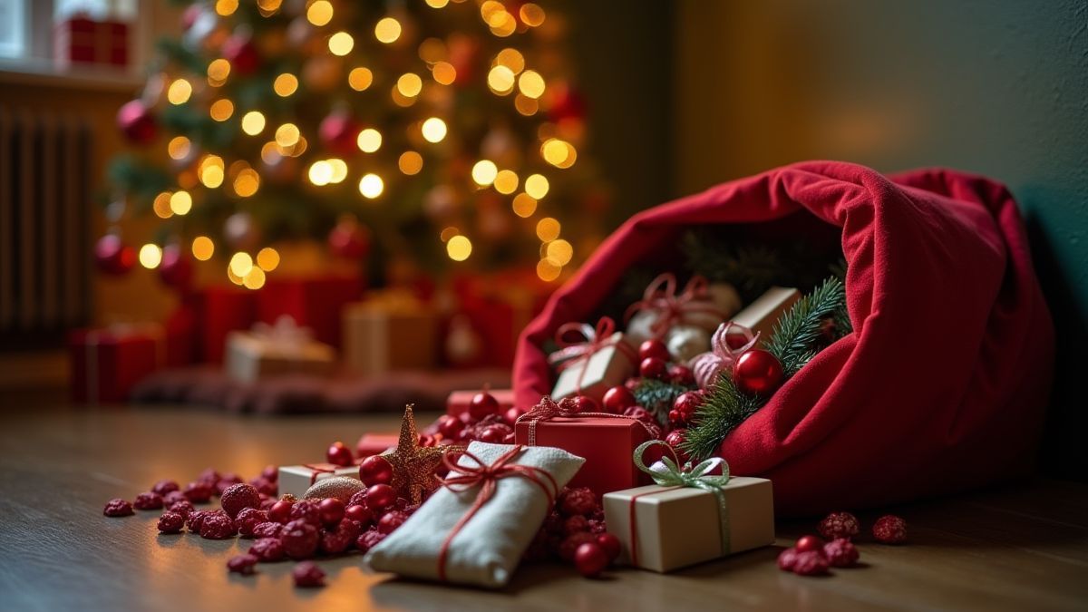 Bolsa de presentes ao lado de uma árvore de Natal iluminada.