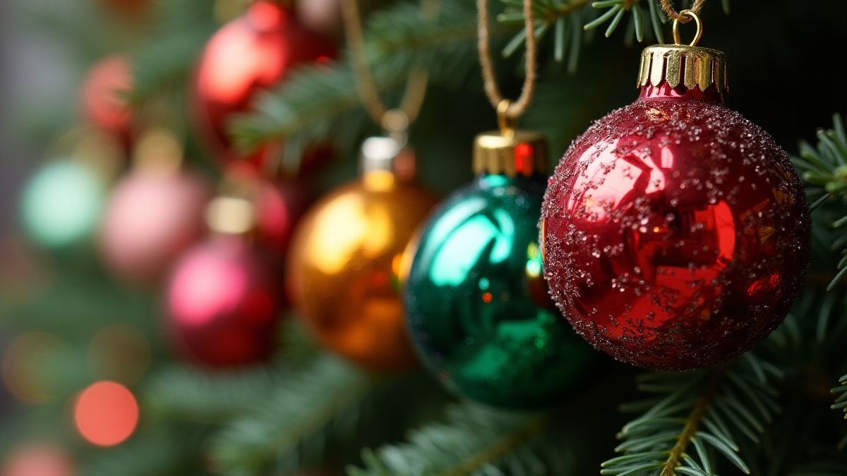 Enfeites natalinos pendurados em uma árvore decorada.