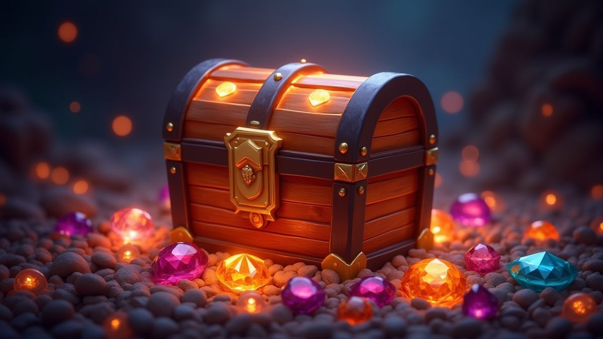 A treasure chest surrounded by sparkling gems.