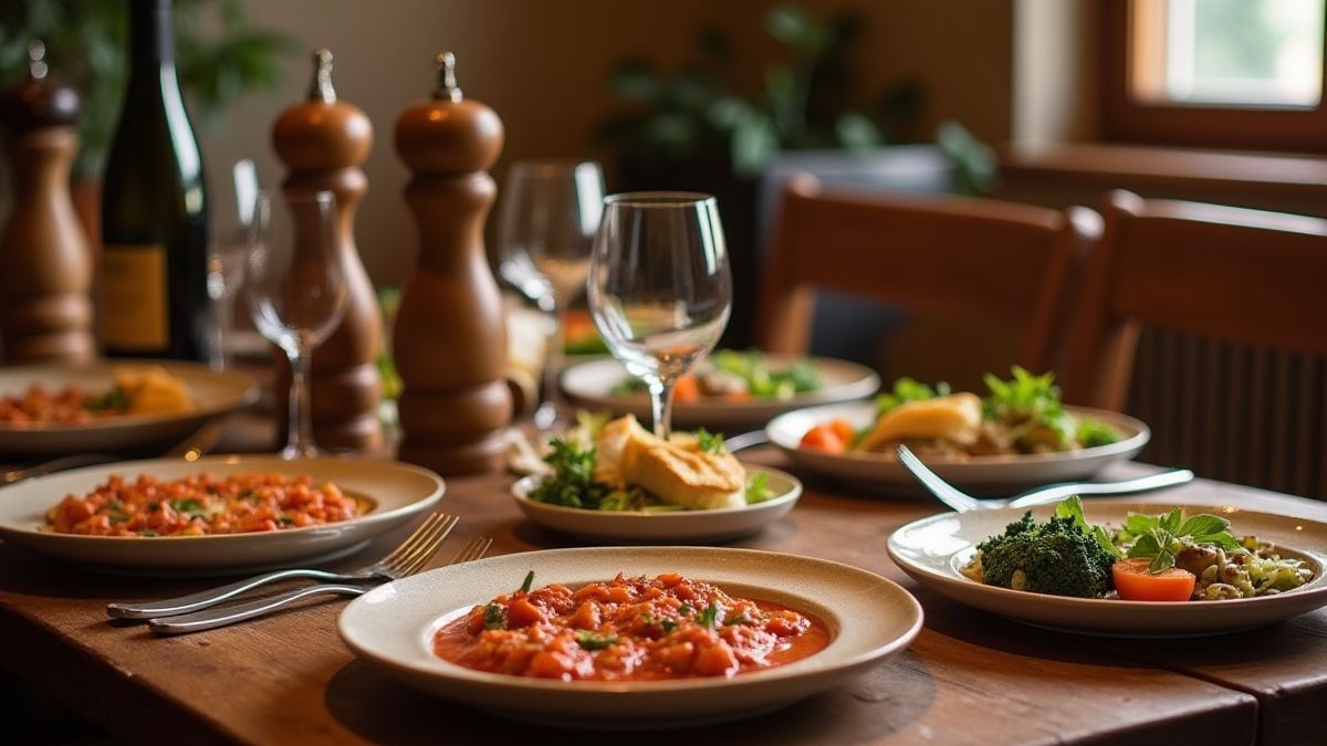 Italian table with dishes, wine, and pepper grinders.