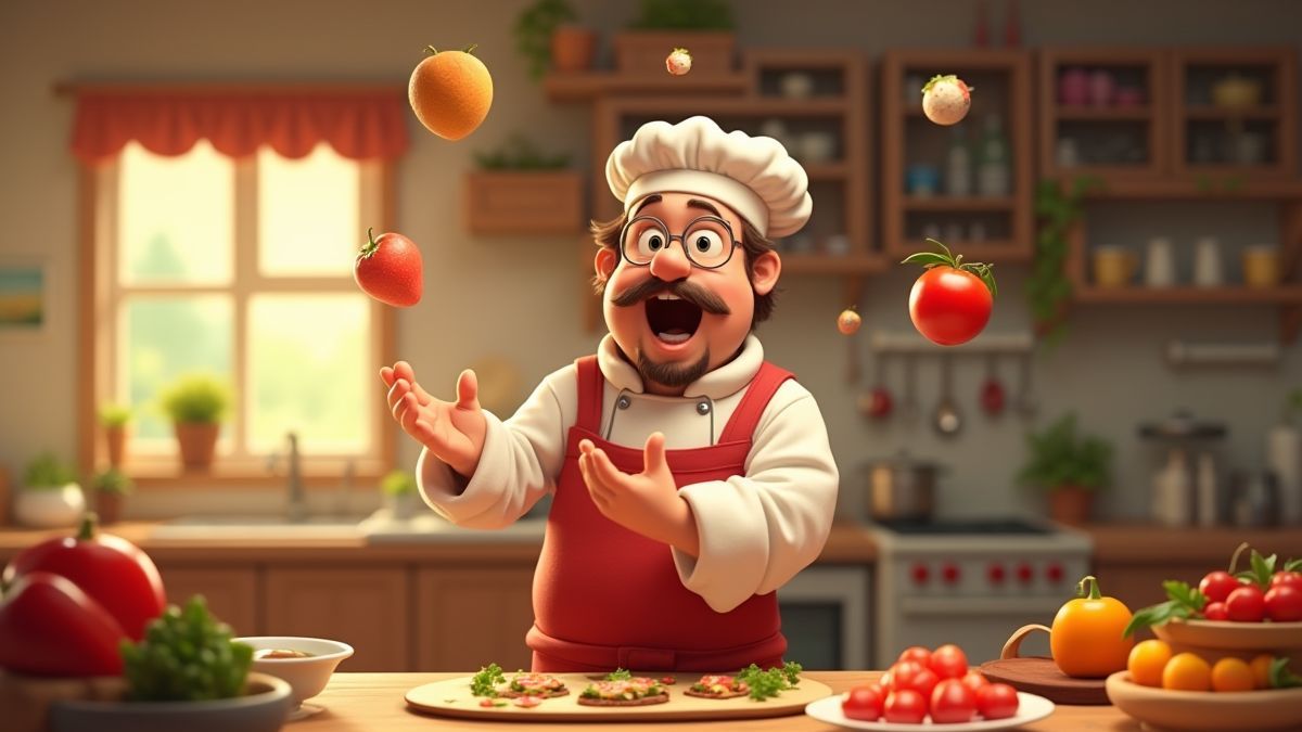 Animated Italian chef in a kitchen full of ingredients.