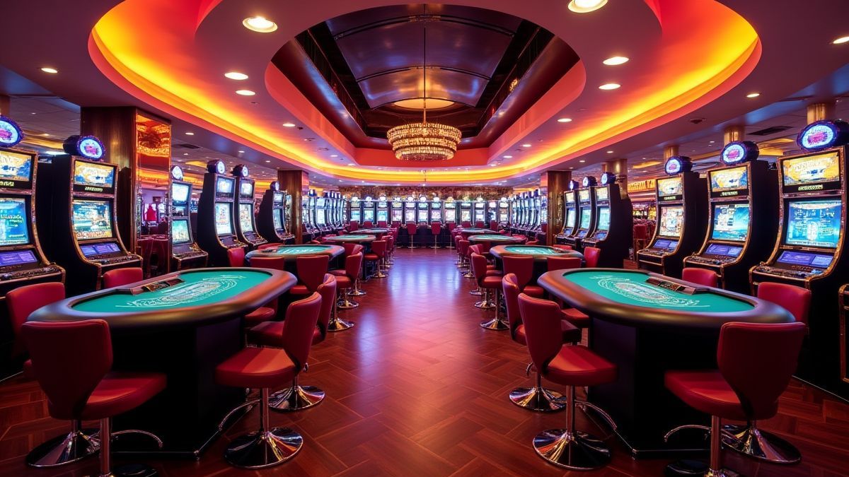 Een retro casino met levendige lichten en blackjack tafels.