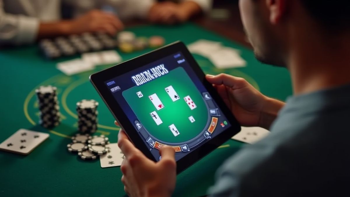 Speler die blackjackstrategie bestudeert met fiches en kaarten.