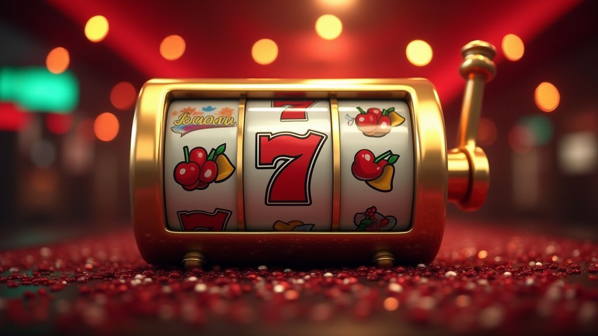 Retro-Symbolen von Spielautomaten vor leuchtendem Casino-Hintergrund