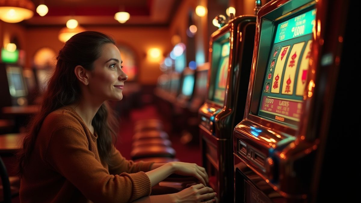 Spieler genießt einen retro Spielautomat in einem gemütlichen Casino