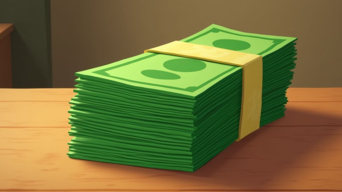 Ein Stapel grüner Geldscheine auf einem Holztisch.