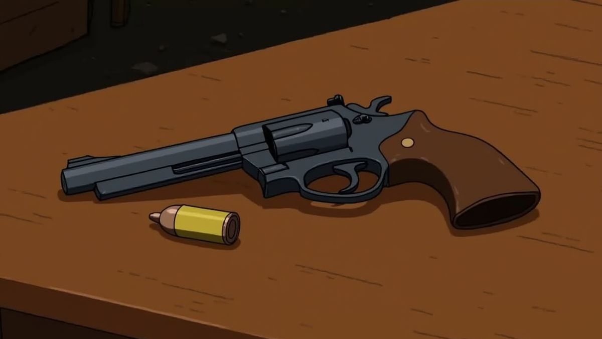 Ein Revolver auf einem Holztisch mit einer Patrone daneben.