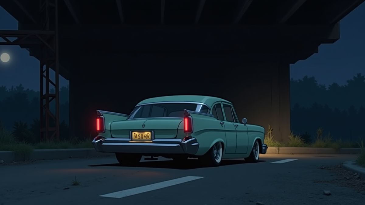 Ein Retro-Auto, das unter einer schwach beleuchteten Brücke in der Nacht geparkt ist.