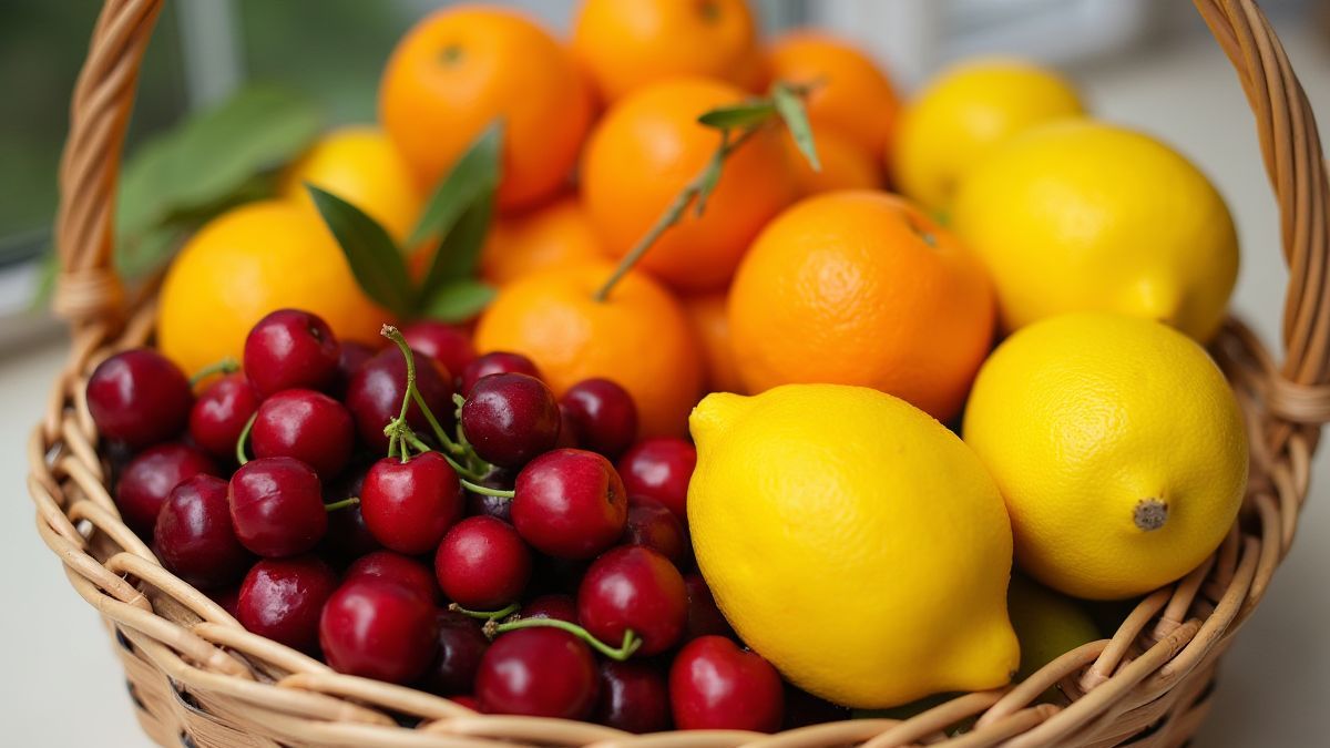Una cesta de frutas coloridas con cerezas, limones y naranjas.